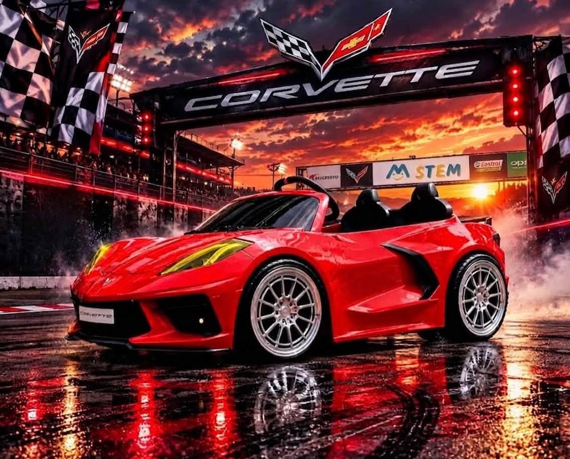 Custom red Corvette ride-on in a motorsport-inspired promotional scene